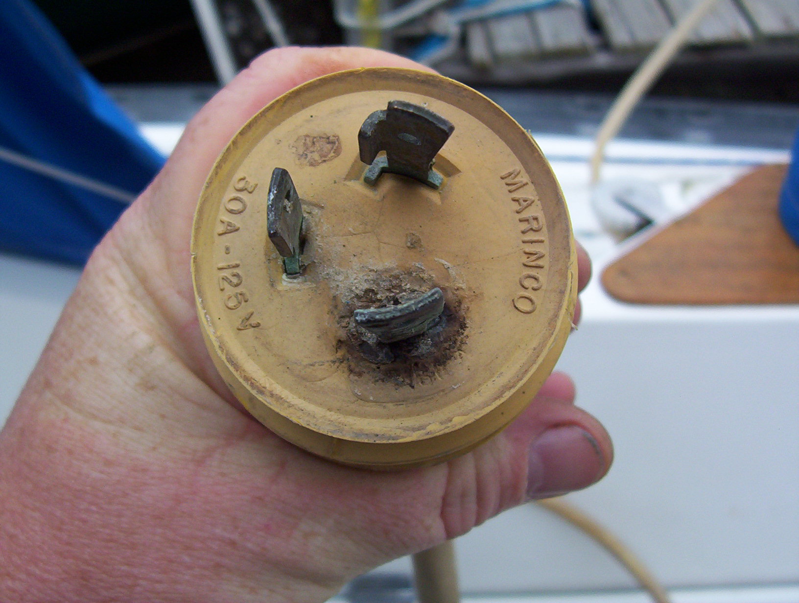 burnt male shorepower plug, damaged AC plug