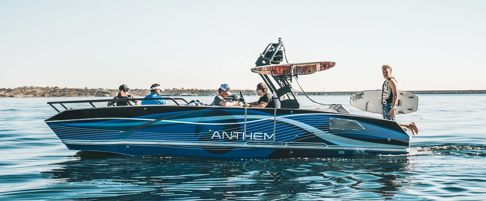 Anthem Boats, Karma 23, blue, aluminum wakesurf boat