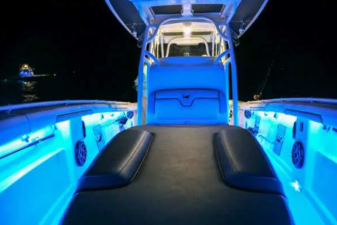 LED strip lights, center console, boat at night