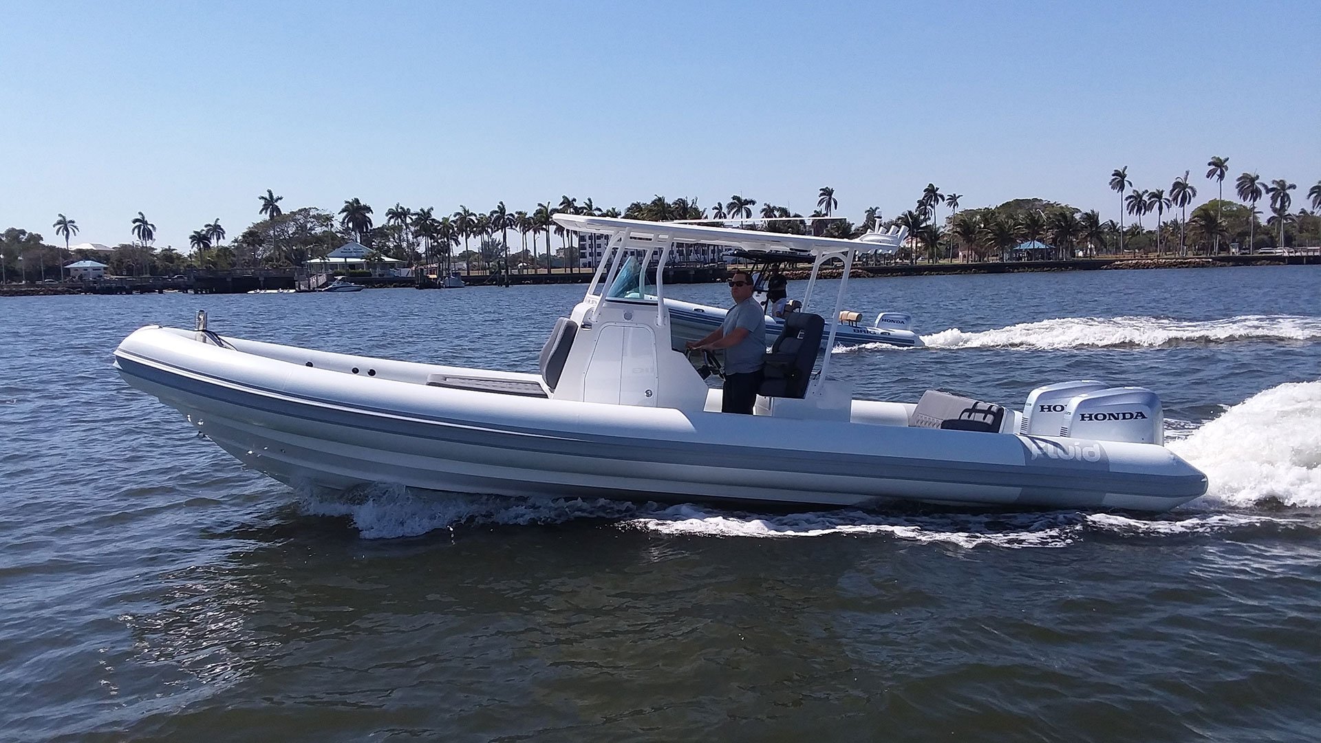 White RIB, twin outboards, RIB with twin engines