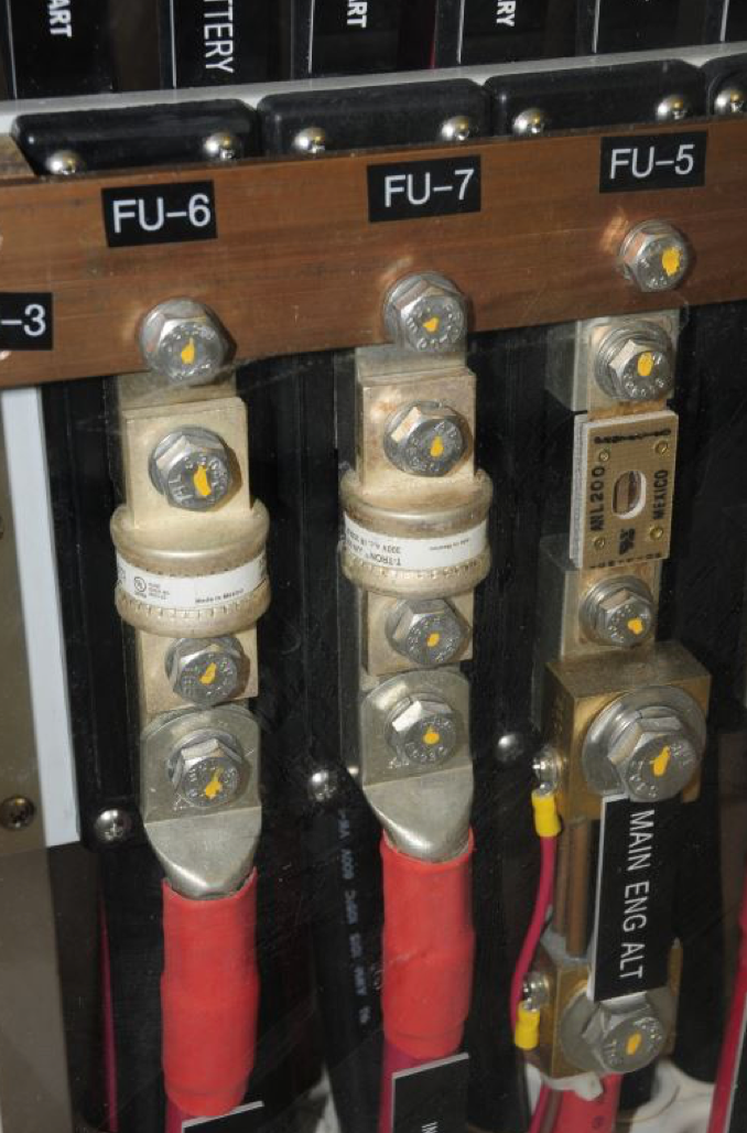 Marine fuses, properly labeled electrical system