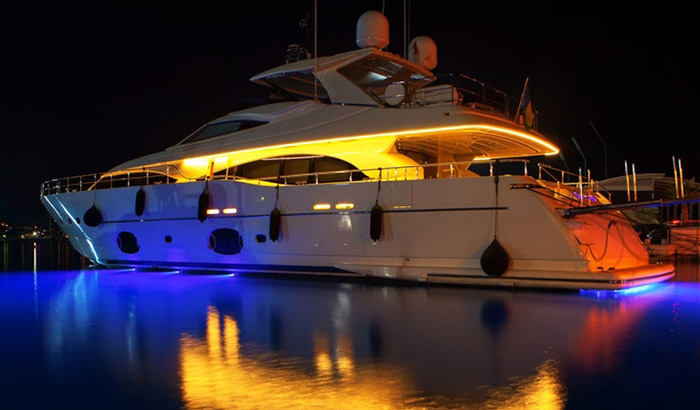 Yacht with lights on, underwater yacht lights, LED yacht lights