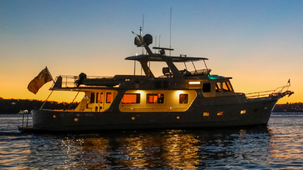 Fleming yacht at night, yacht at night, nighttime boating