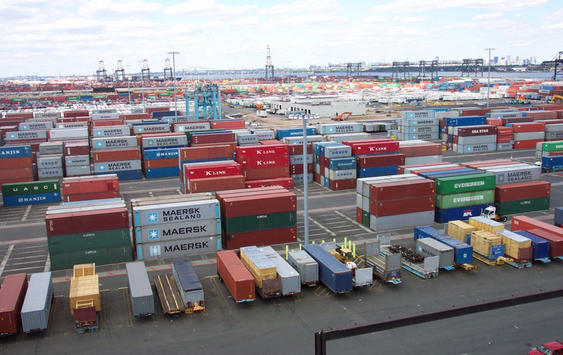 containers in a port, shipping containers