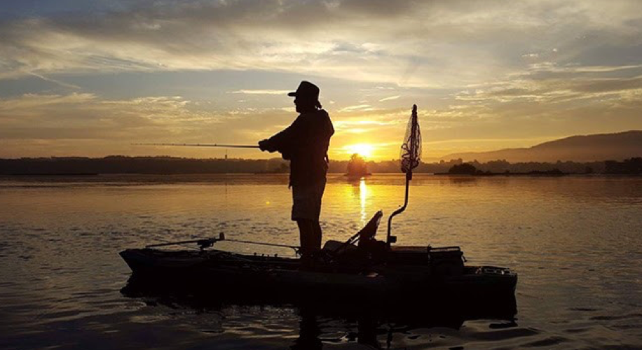 kayak fishing, kayak fishing at sunset