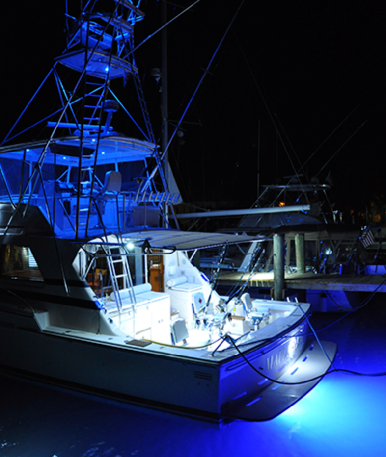 Sportfish lit up at night, illuminated sportfishing boat