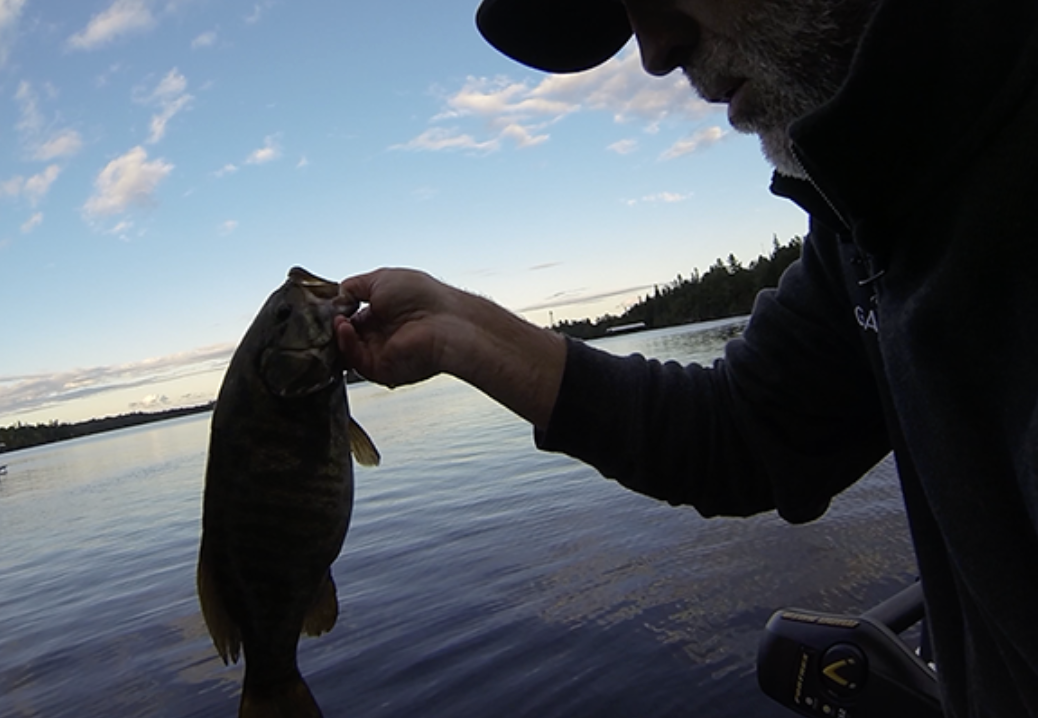 fishing at sunset, catching a small-mouth bass