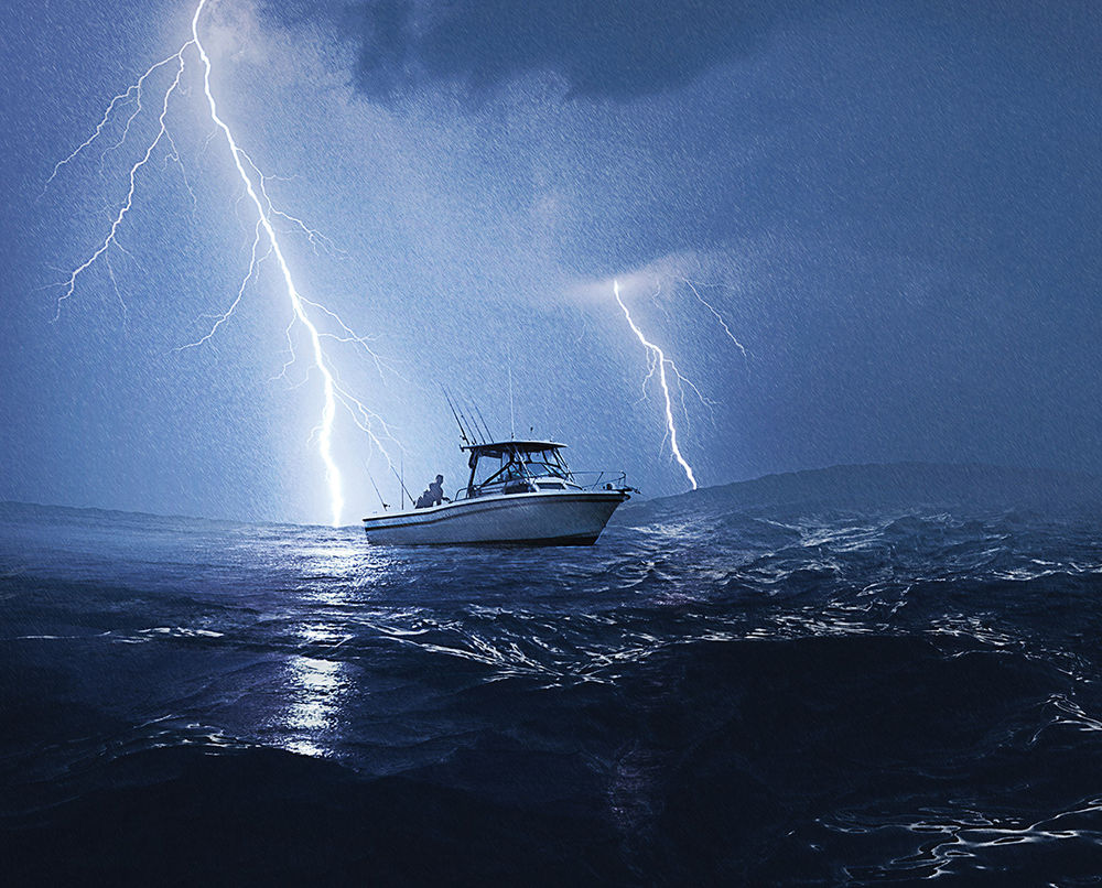 Boat in a storm, Lightning striking near a boat