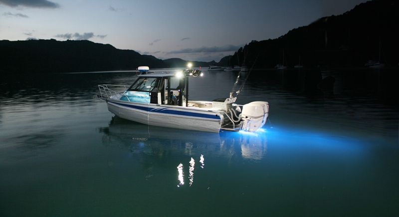 fishing at night, boat with lights on, boating at night