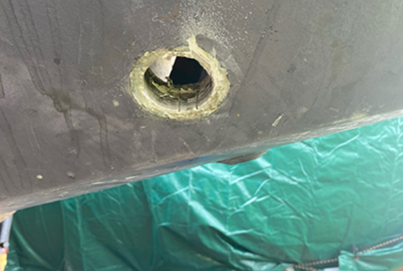 transducer hole, hole cut out of a boat bottom