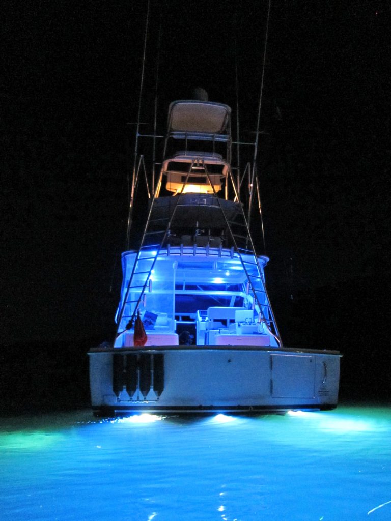 Boat lighting on a flybridge cruiser. 