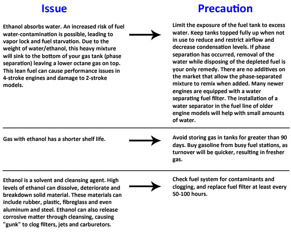 Ethanol blended gasoline graphic with issues and precautions listed