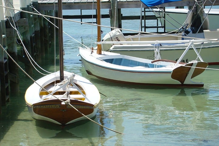 Dinghies tied to the dock at Abaco