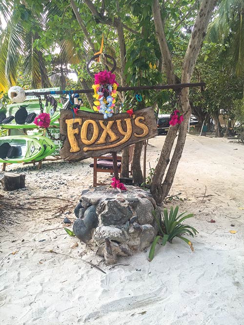 The sign marks the spot of famed Foxy’s Bar on Jost Van Dyke’s Great Harbour.