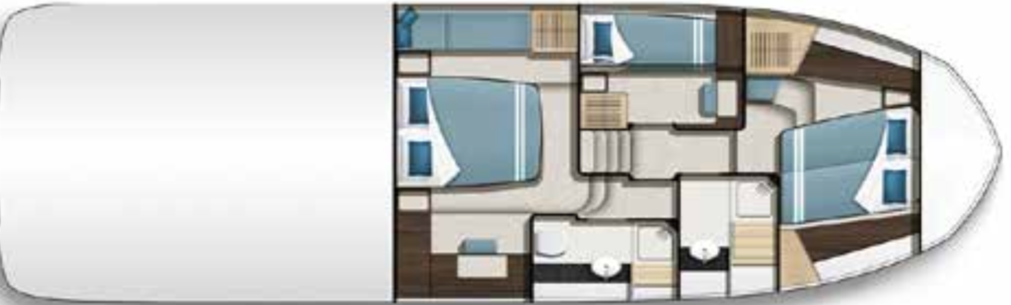 The standard 3 cabin layout with 2 heads provides a lot of sleeping space in a boat with a 41’3” hull.