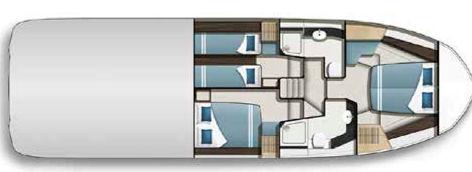 The three-stateroom conventional layout shows the double berth guest and master sharing the full beam while the forepeak VIP remains the same.