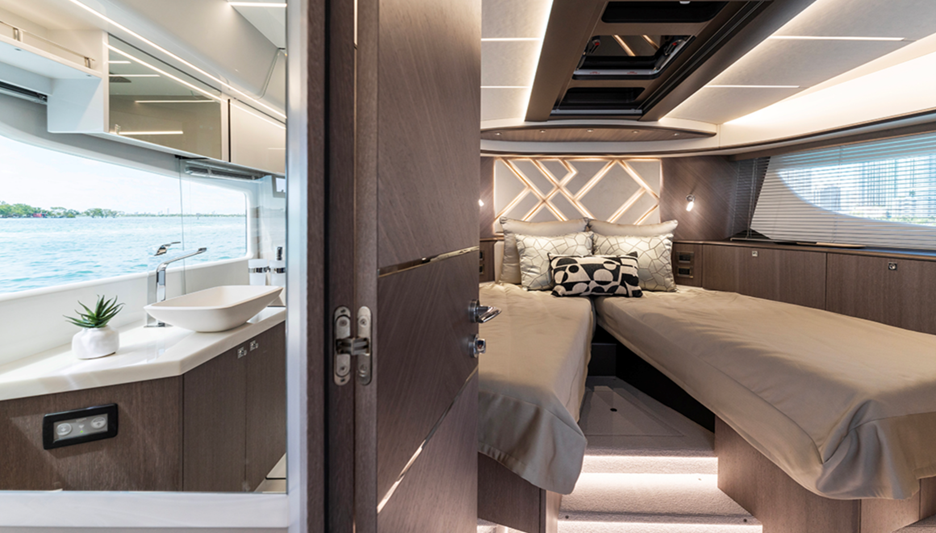 The VIP's scissor-style berth can slide over to meet as one. The adjoining head is to port.