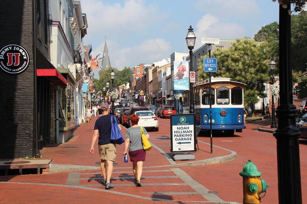 Brick sidewalks of Main Street in Annapolis, MD