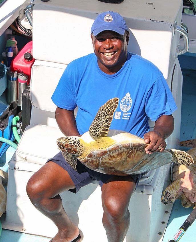 Abaco Park Warden Marcus Davis helps with Sea Turtle Research