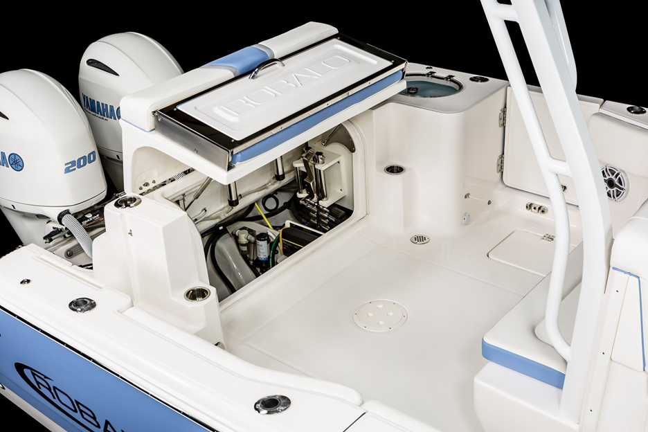 Opening the transom seat allows easy access to the pump and battery compartment.