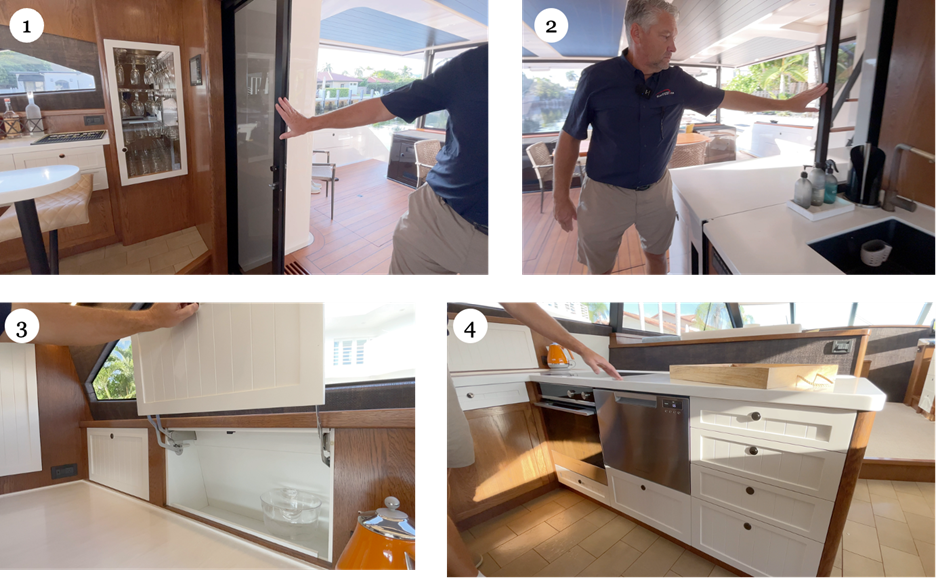 Valder Yachts, The Keys - salon doors, galley window, cabinet storage, range and drawer dishwasher