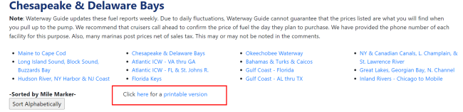 Waterway Guide fuel report listing print example