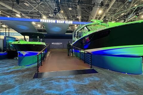 Brunswick’s CES 2024 stand is set up as a virtual marina