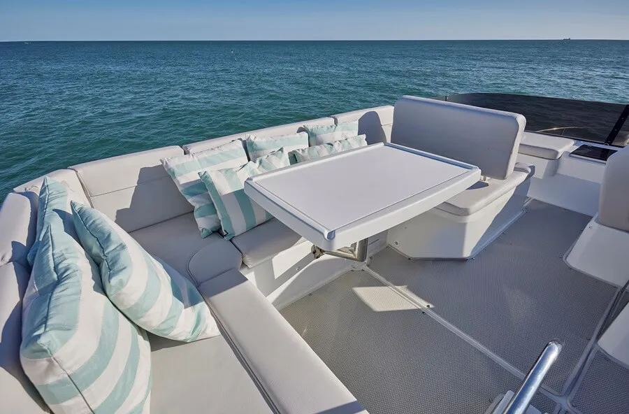 Beneteau's Antares 12 port view of the flybridge's J-shaped dinette