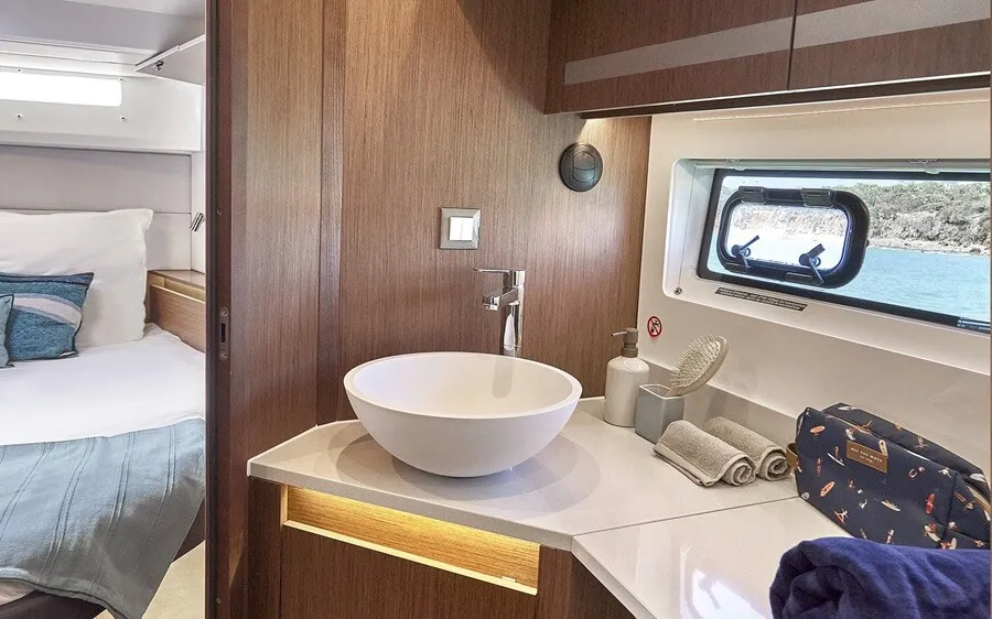 Beneteau's Antares 12 master cabin's en-suite bathroom is to starboard