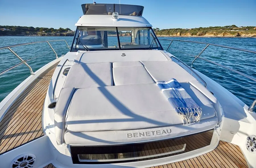 Beneteau's Antares 12 foredeck features an integrated triple sunpad