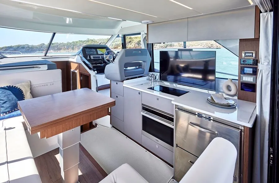 Beneteau's Antares 12 the retractable tv is by the galley window