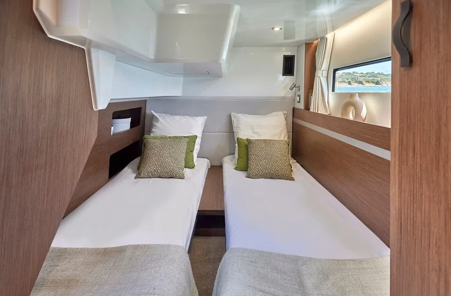 Beneteau's Antares 12 the vip suite to port has en-suite access to the day head and can be set up as a twin or double