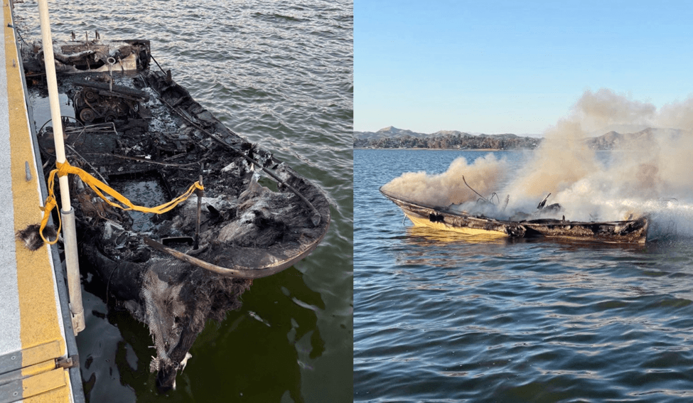 Burned boat in the water
