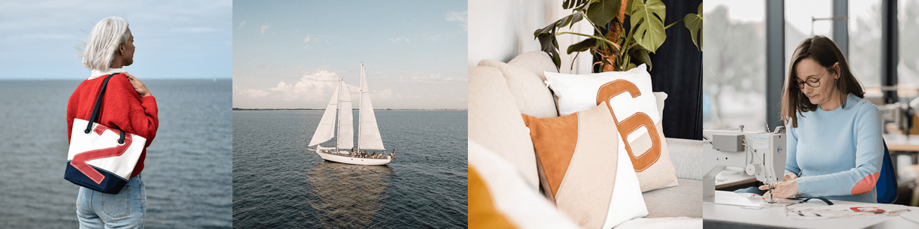 Banner showing several pictures related to sailing and the sail bag products