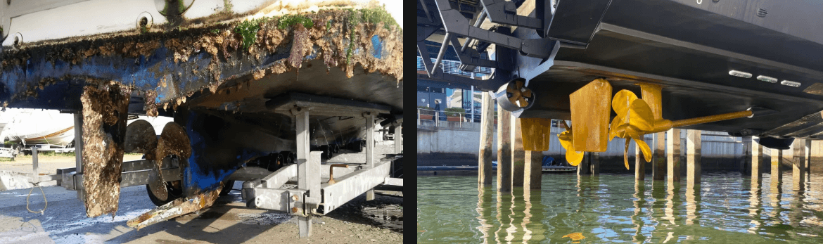 Comparison images of a hull with debris and a clean hull