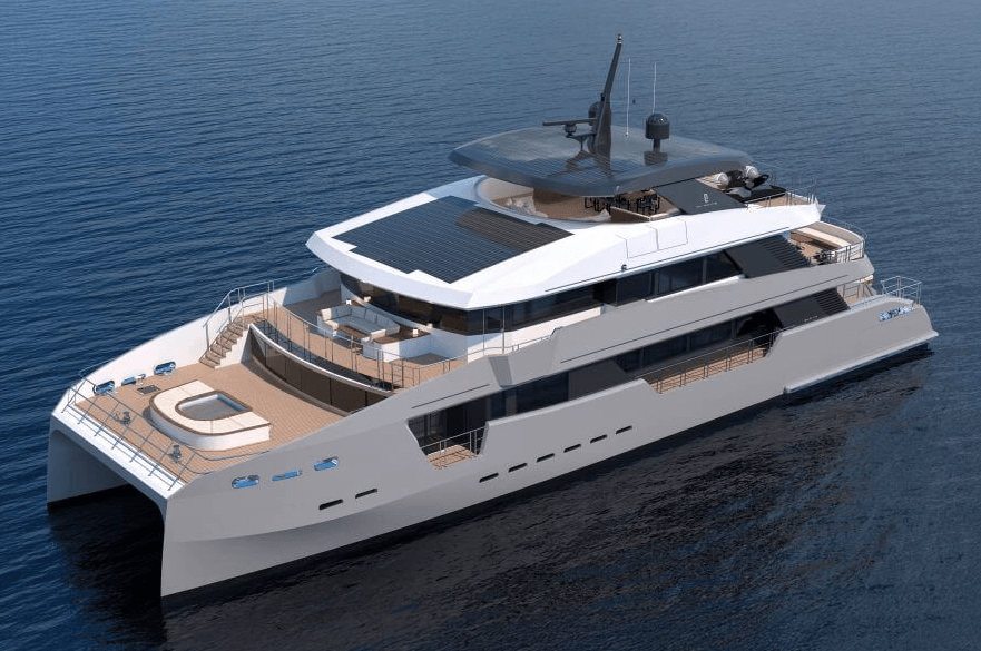 Exterior rendering of CLC115, CL Yachts’ first catamaran design and based on a platform used for Cheoy Lee’s catamaran ferries