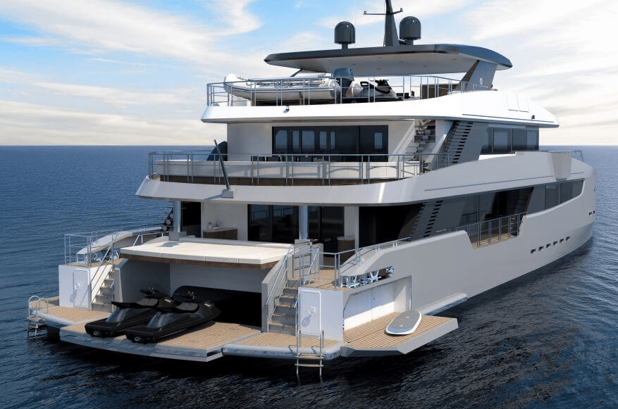 CLC115 is a tri-deck design and features a beach club area with an overhanging sunbed, hydraulic aft platform and fold-down side doors