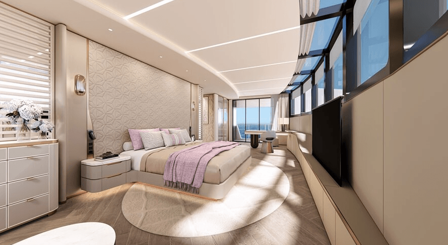 CGI of CLC115’s full-beam master suite forward on the main deck