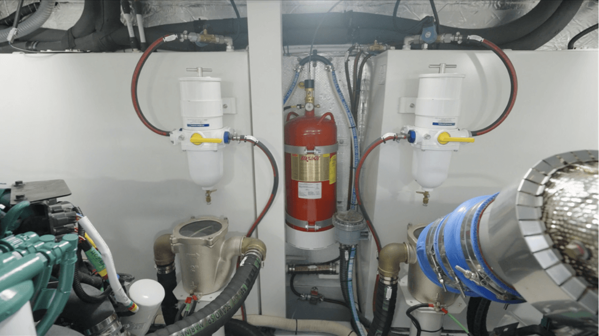 Looking forward are the separate fuel tanks for each engine.