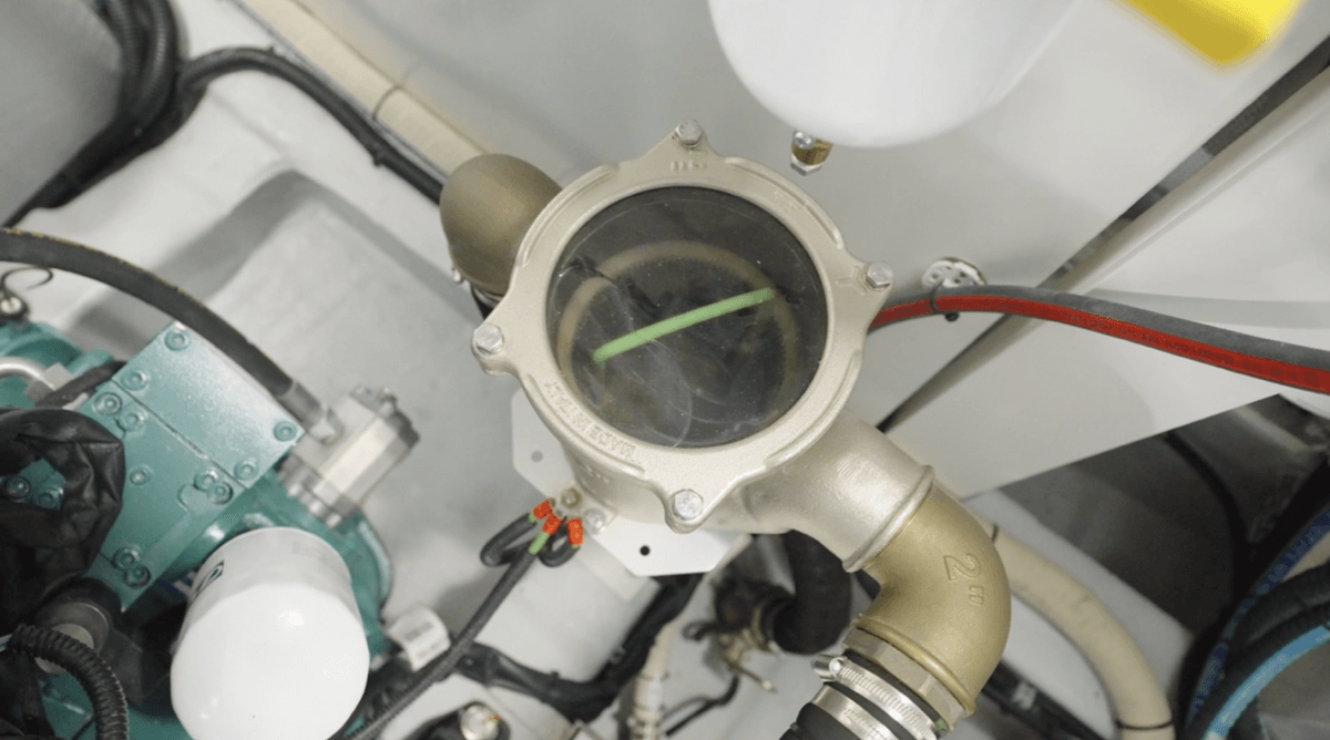 Easy access to raw water strainers forward of the main engines. Note the good visibility into the strainer