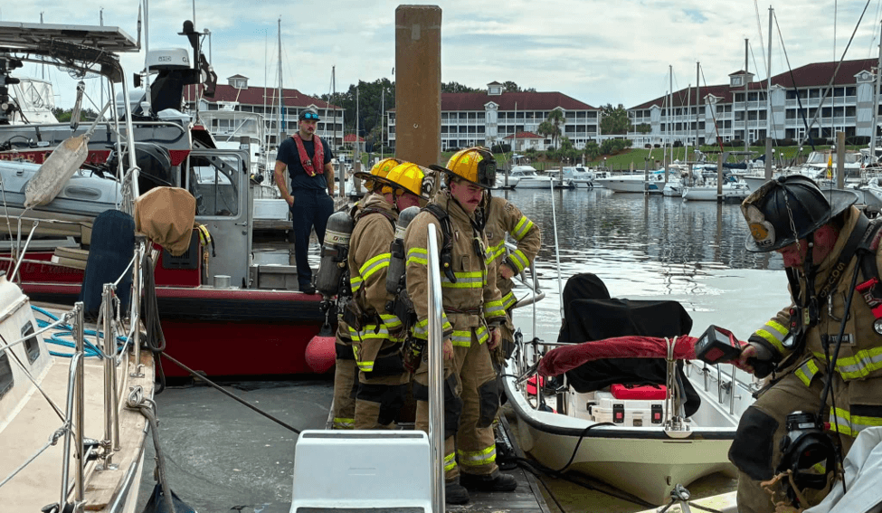 Fire crew at a marina