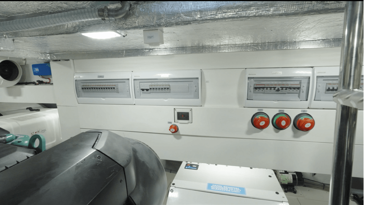 AC and DC breakers and distribution on the bulkhead aft of the main engines