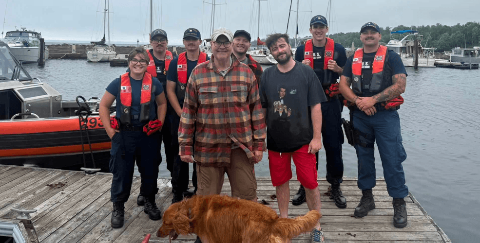 A rescue crew and a dog
