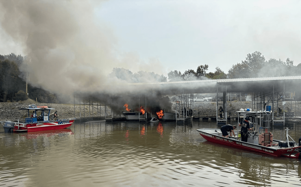 Boats on fire at a marina