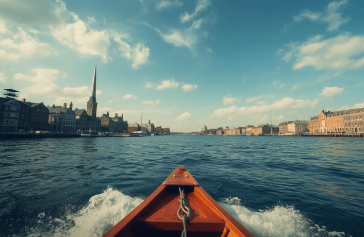 Boat on the water surrounded by buildings