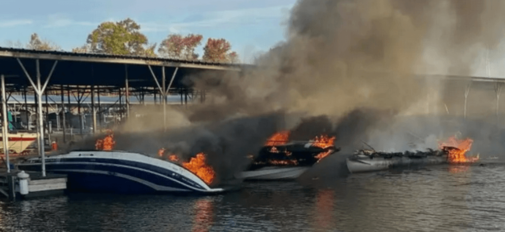 3 Boats on fire at a Marina