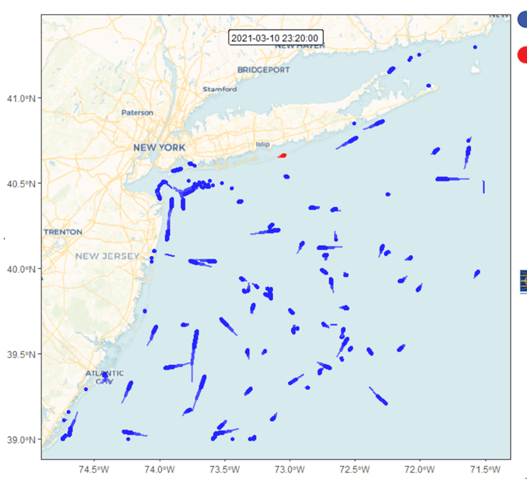 In the image supplied by NOAA, the red dot that can be seen off the south shore of Long Island represents a right whale, and the blue marks indicate ship and boat traffic