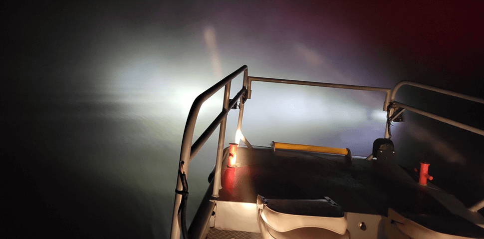 Boat out in low visibility waters.