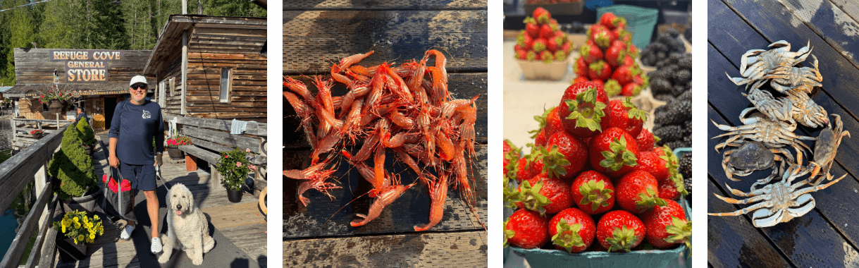 Left, Mark outside Refuge Cove general store, the only shop for more than 70 kilometers.  The strawberries from the store will complement prawns and crabs