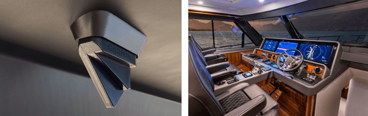 A forward-facing transducer provides real-time images of the seabed, allowing the skipper at the helm (right) to select a perfect anchoring space